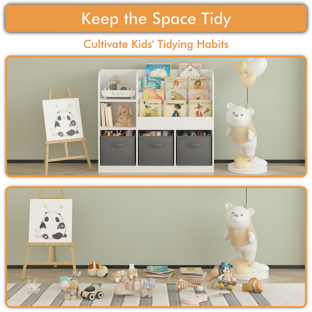 Kids Bookcase and Bookshelf with 3 Collapsible Fabric Drawers, Multifunctional Display Stand for Bedroom, Playroom, Hallway i