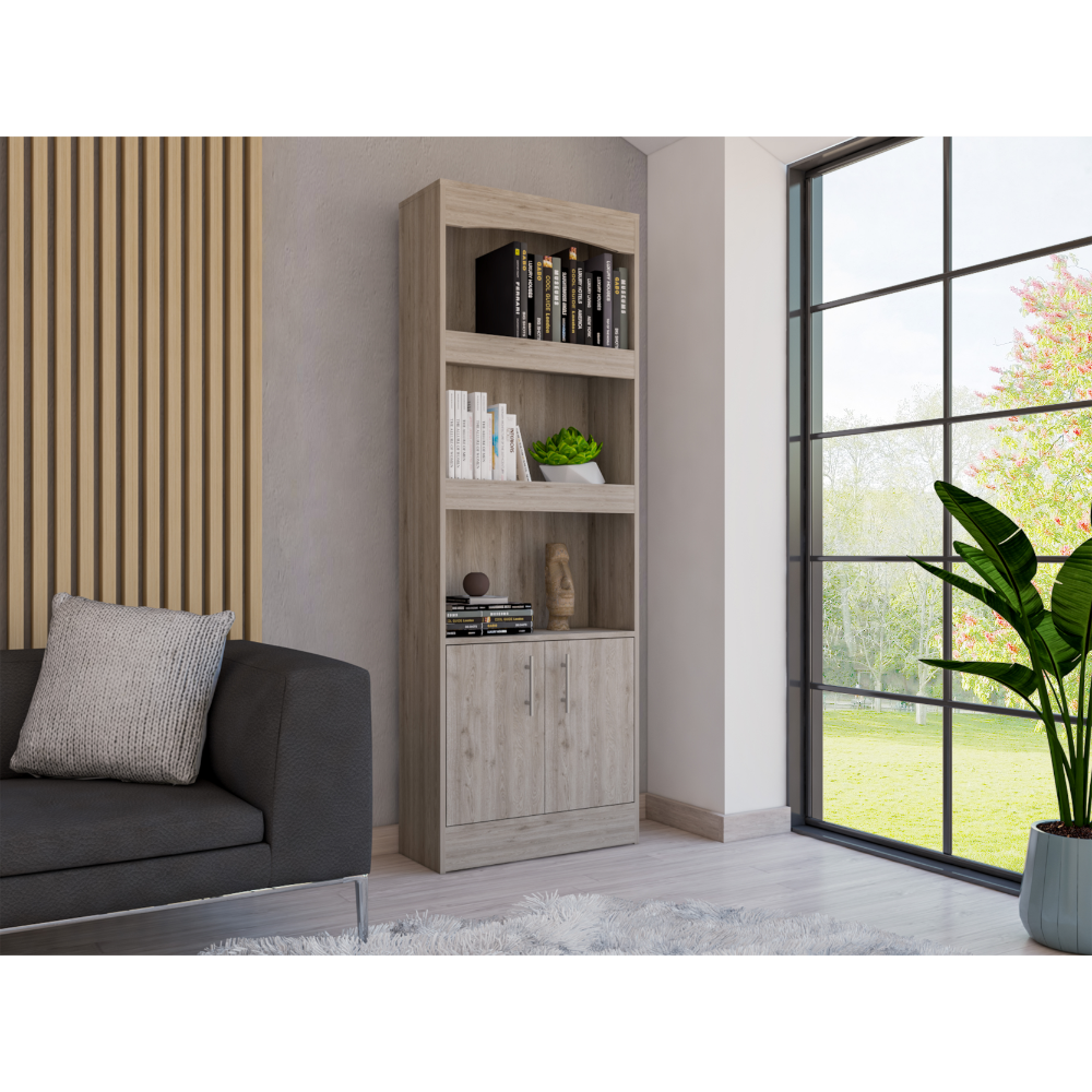 Bookcase, Three Shelves, Double Door Cabinet, Metal Hardware, Light Gray | Premium Home Decor - Grand Goldman