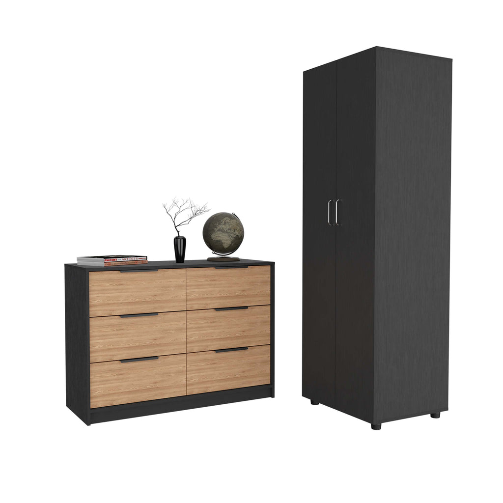 2 Piece Bedroom Set, London Armoire + Egeo 4 Drawer Dresser, Black / Pine - Grand Goldman Shop