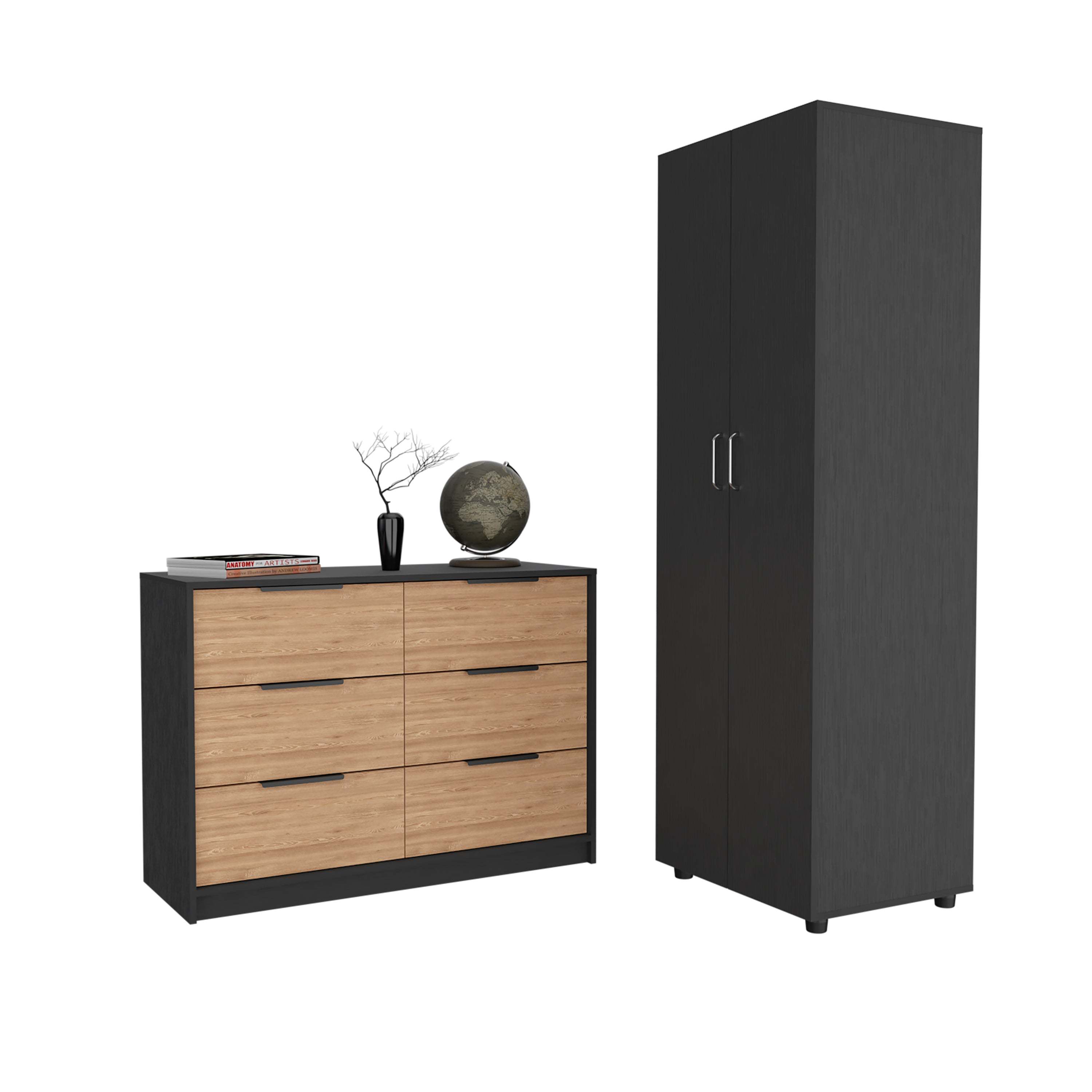 2 Piece Bedroom Set, London Armoire + Egeo 4 Drawer Dresser, Black / Pine - Grand Goldman Shop