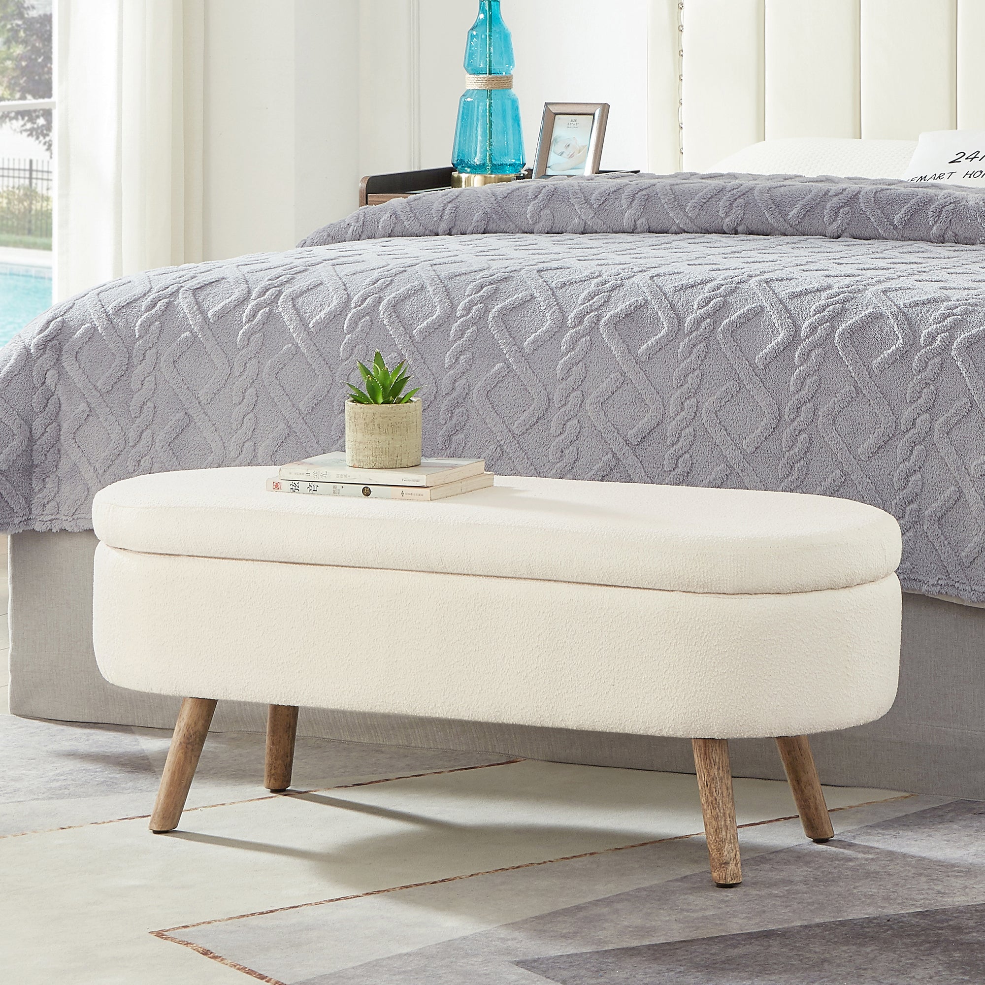 Luxury Oval Boucle Storage Ottoman Bench with Wood Legs 350lb Weight Capacity & Safety Hinge, for Living Room, Bedroom Entryway,IVORY - Grand Goldman Shop