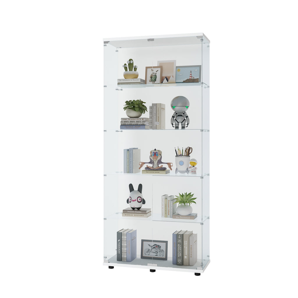 Glass Display Cabinet with 5 Shelves Double Door, Curio Cabinets for Living Room, Bedroom, Office, White Floor Standing Glass