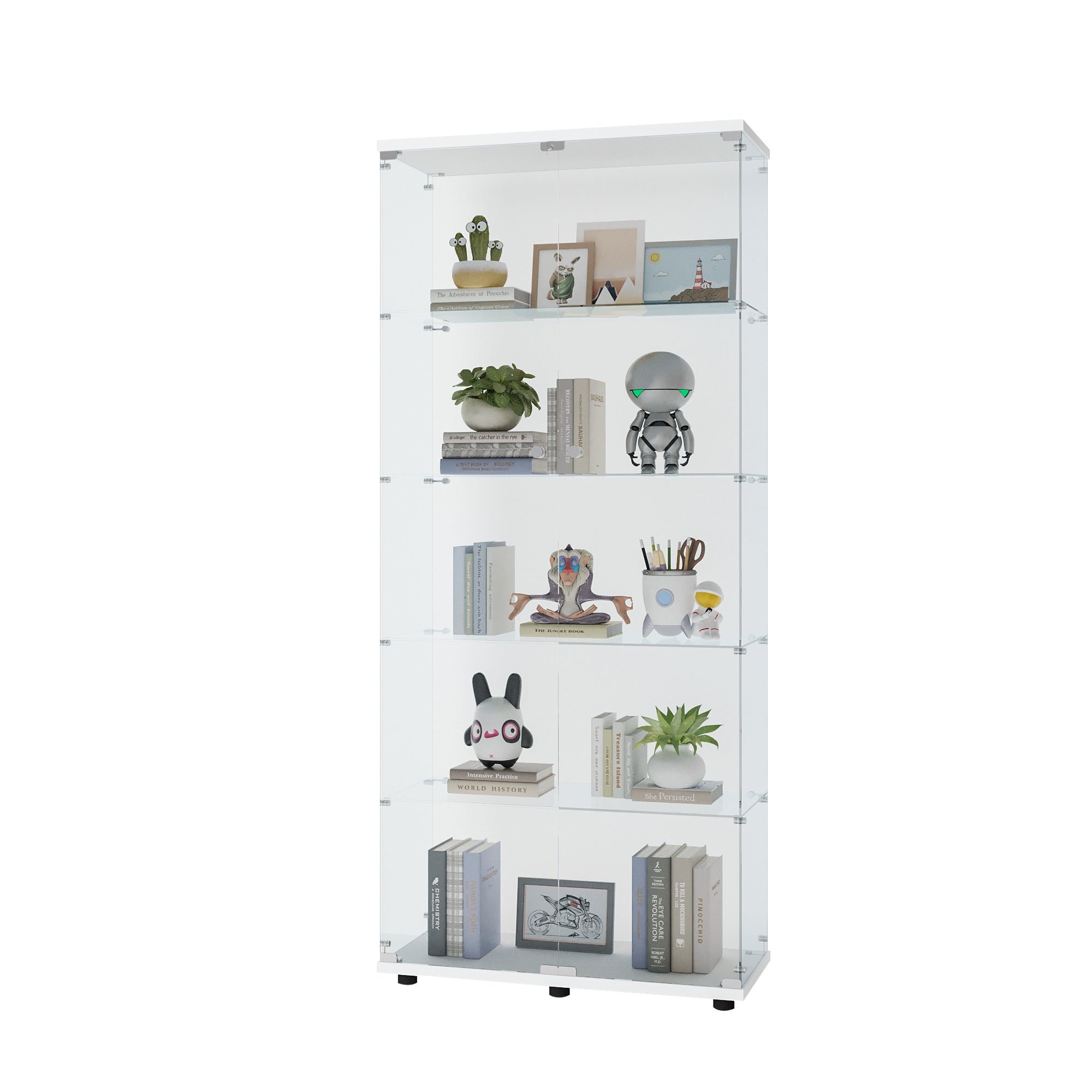 Glass Display Cabinet with 5 Shelves Double Door, Curio Cabinets for Living Room, Bedroom, Office, White Floor Standing Glass