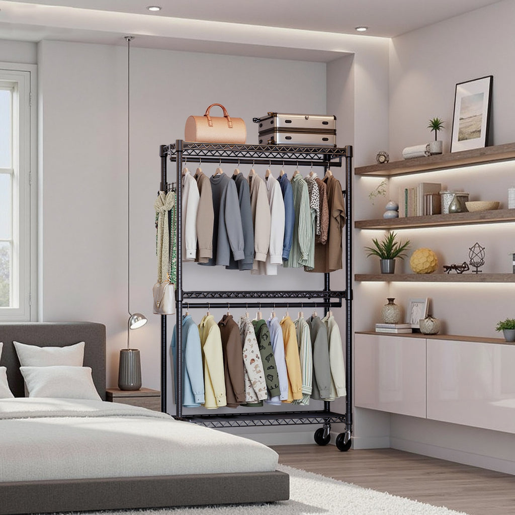 Heavy Duty Rolling Garment Rack 3 Tiers Adjustable Wire Shelving Clothes Rack with 2 Rods and Side Hooks,Storage Closet Clothing Rack with Wheels Black 15.7' D x 45.3' W x 79.6' H - Grand Goldman Shop