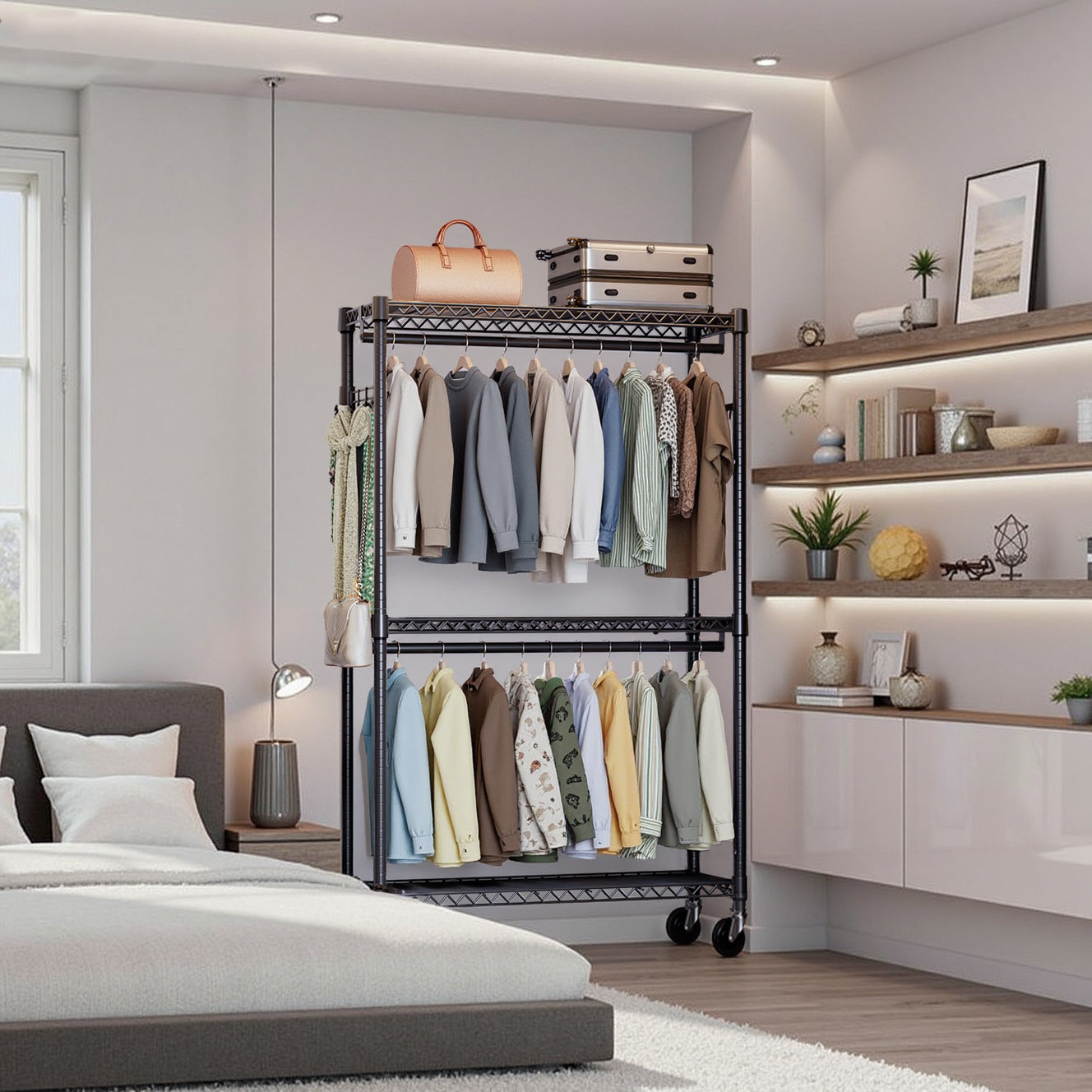 Heavy Duty Rolling Garment Rack 3 Tiers Adjustable Wire Shelving Clothes Rack with 2 Rods and Side Hooks,Storage Closet Clothing Rack with Wheels Black 15.7' D x 45.3' W x 79.6' H - Grand Goldman Shop