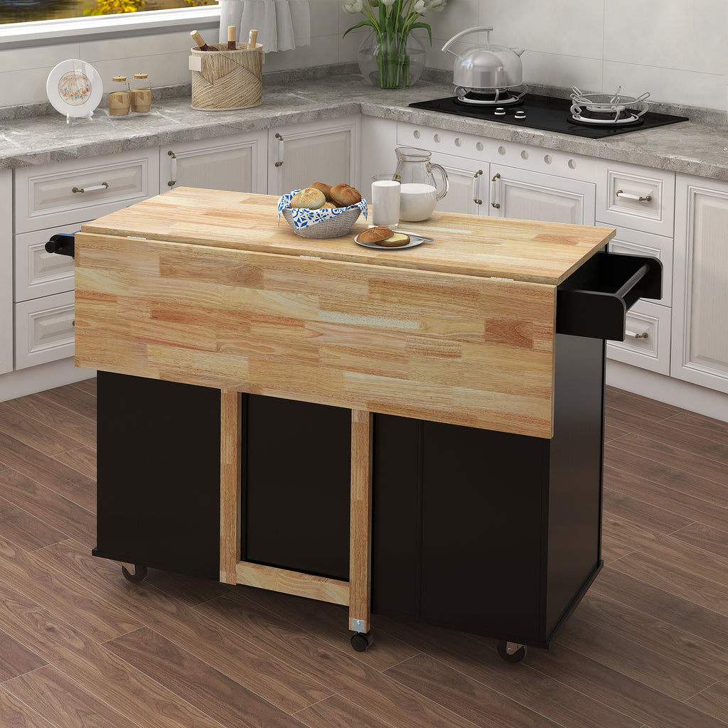Kitchen Island with Spice Rack, Towel Rack and Extensible Solid Wood Table Top-Black - Grand Goldman Shop
