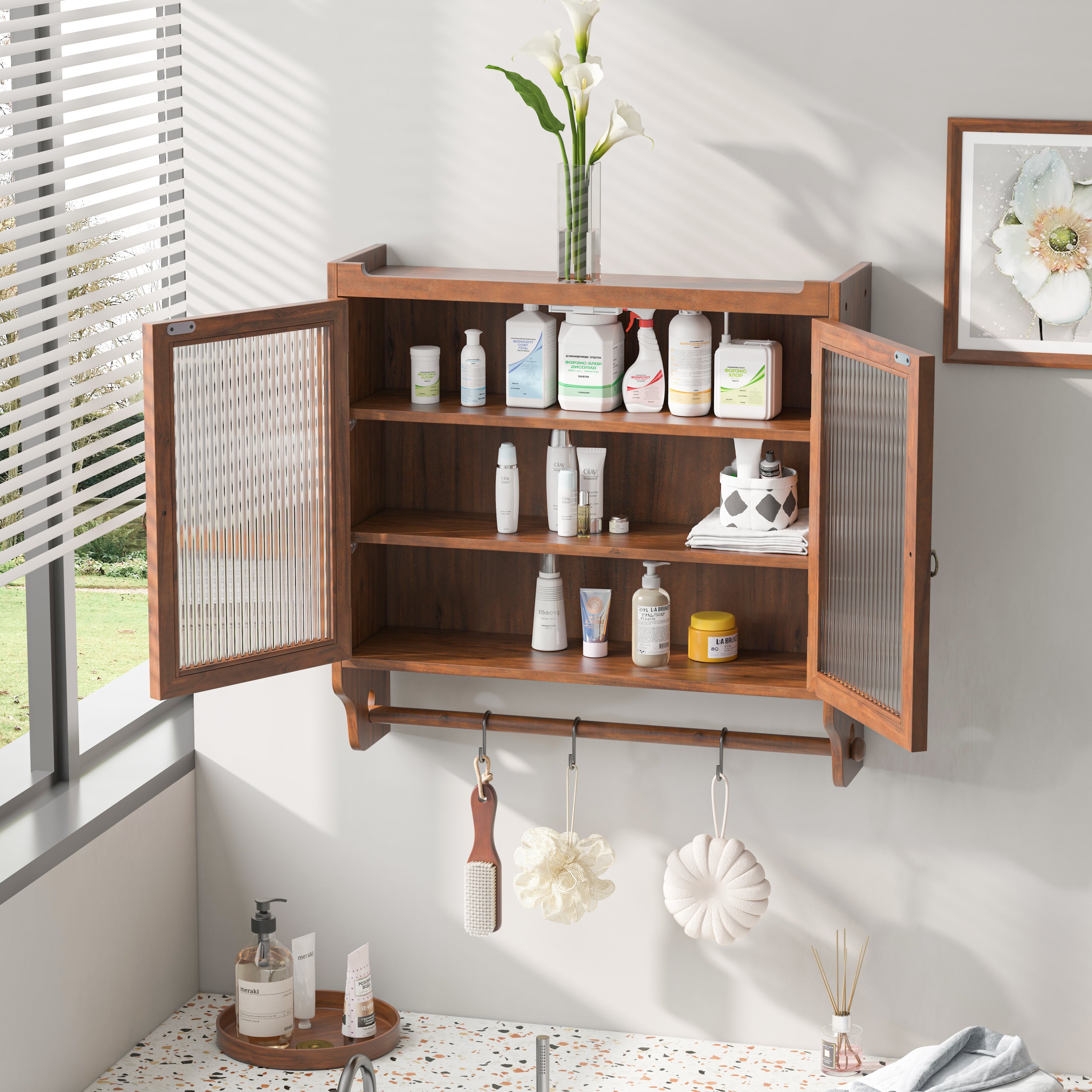24.8'Glass Door Vintage Double Door Wall Cabinet with Three Tiers of Storage with Towel Rack, for Bathroom, Kitchen,Dining Room,Brown - Grand Goldman Shop