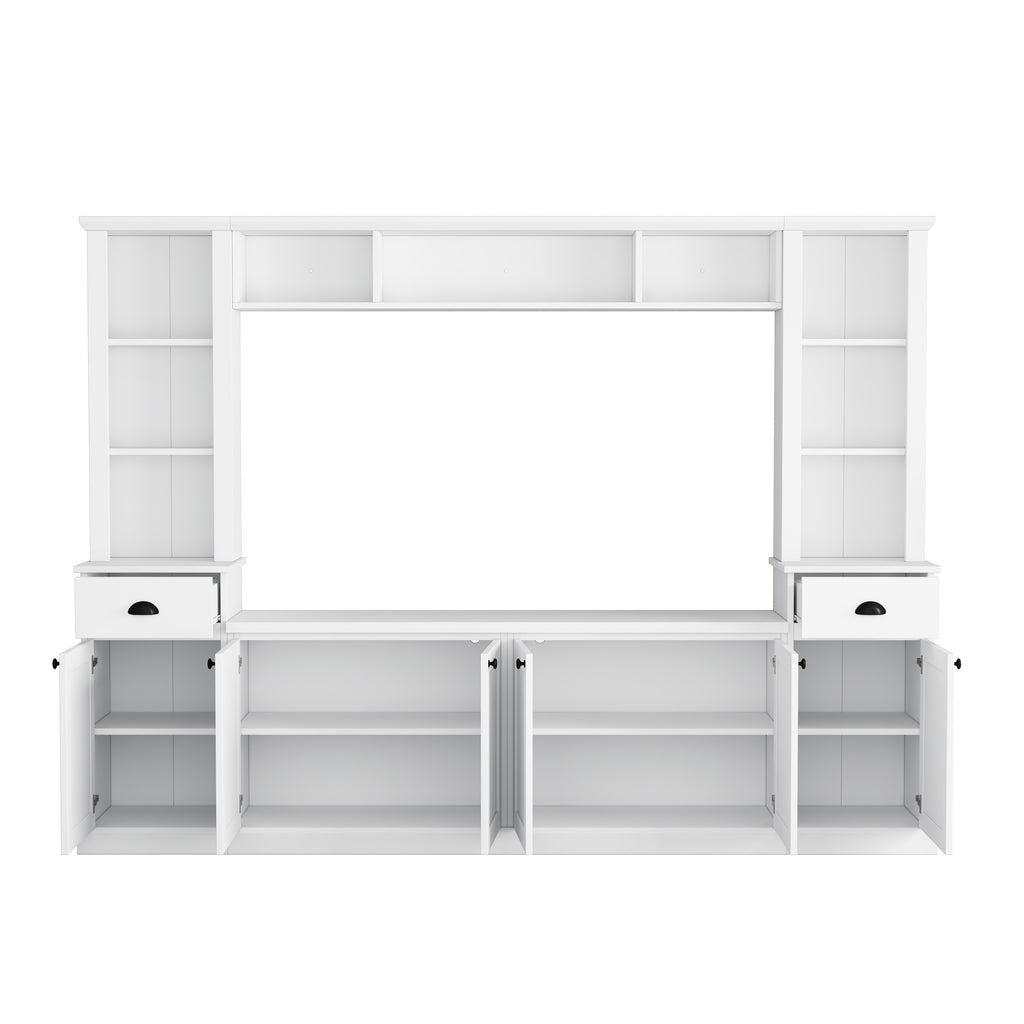 Minimalist Entertainment Wall Unit Set with Bridge for TVs Up to 75'', Ample Storage Space TV Stand with Adjustable Shelves, Modernist Large Media Console for Living Room, White - Grand Goldman Shop