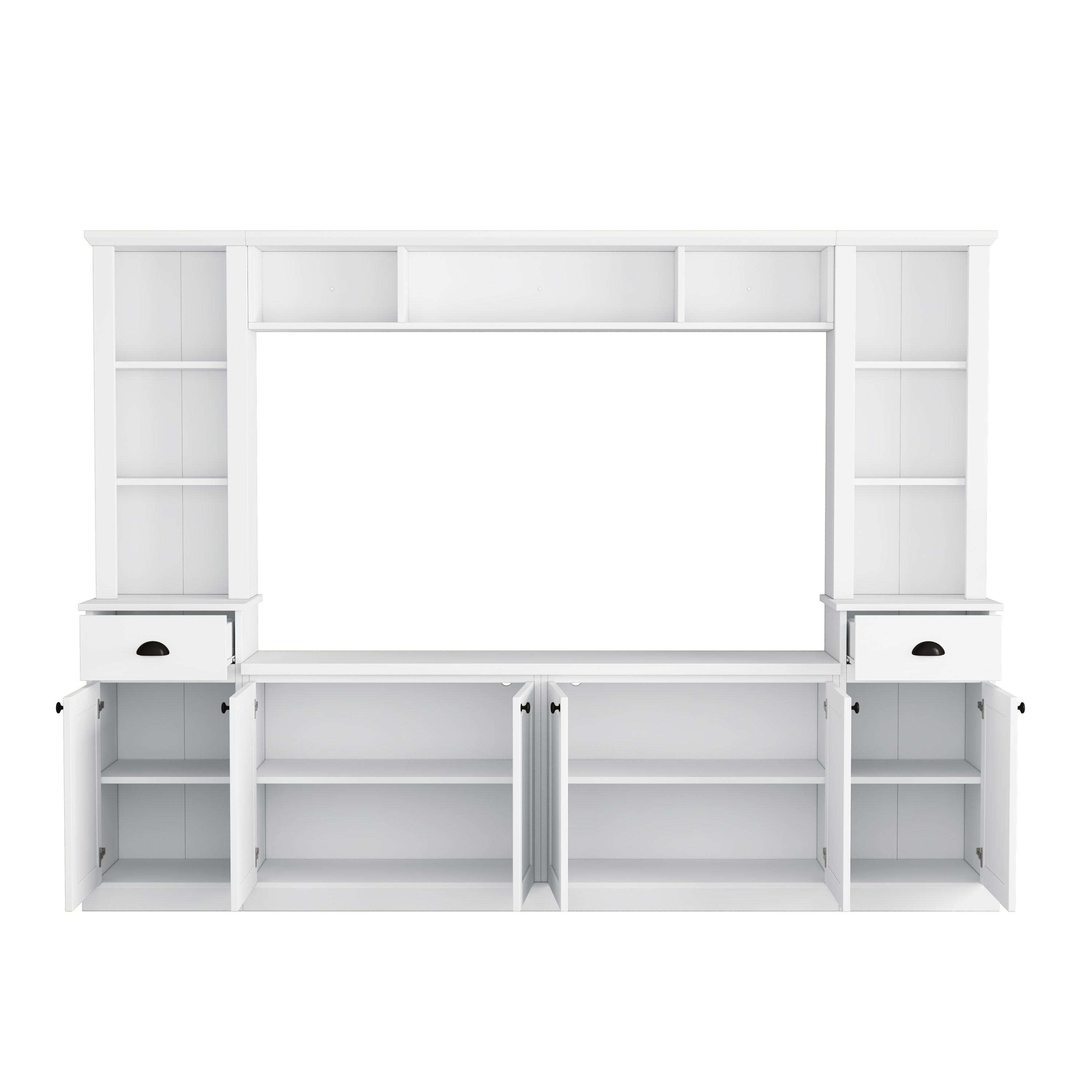 Minimalist Entertainment Wall Unit Set with Bridge for TVs Up to 75'', Ample Storage Space TV Stand with Adjustable Shelves, Modernist Large Media Console for Living Room, White - Grand Goldman Shop