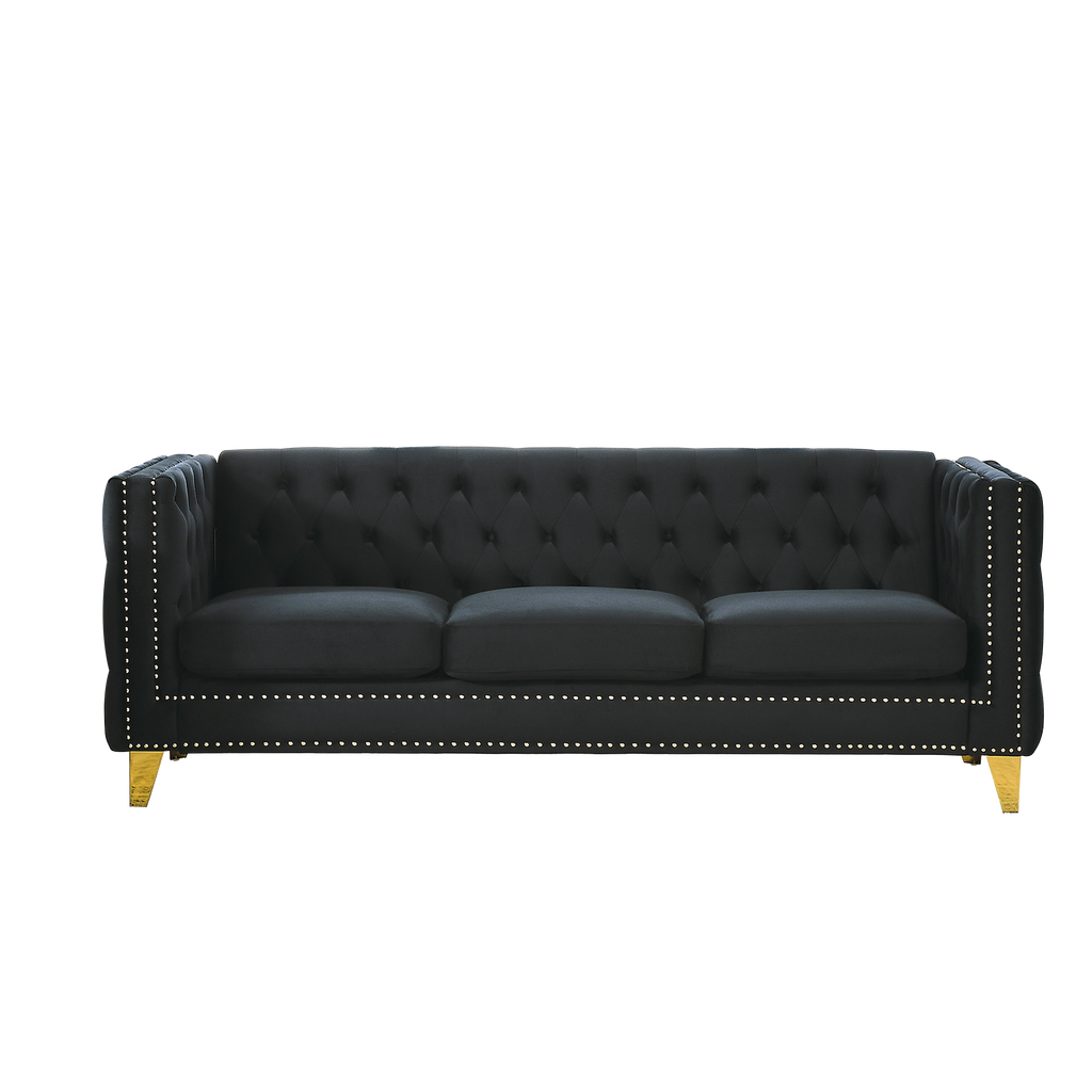 Modern Black Velvet Sofa with Button Tufting and Metal Legs, 3-Seater Couch for Living Room or Bedroom, Upholstered in Soft Velvet with Solid Wood Frame - Grand Goldman Shop