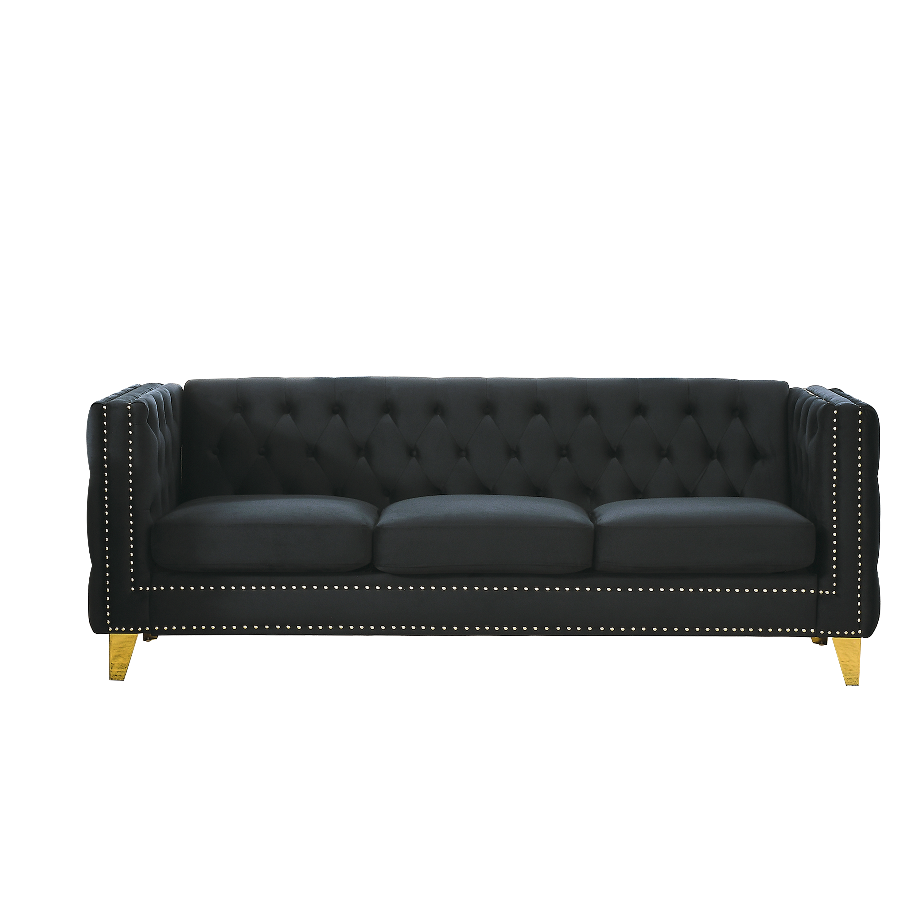 Modern Black Velvet Sofa with Button Tufting and Metal Legs, 3-Seater Couch for Living Room or Bedroom, Upholstered in Soft Velvet with Solid Wood Frame - Grand Goldman Shop