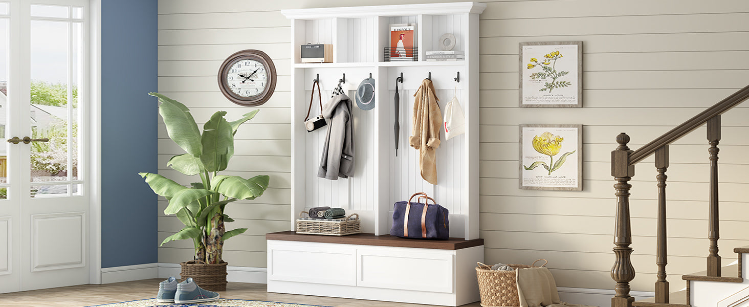 Farmhouse 4-in-1 Hall Tree with Wood Grain Bench, Mudroom Versatile Coat Rack with 2 Large Drawer, Entrance Organizer for Hallway, Living Room, White, 55.9'W (OLD SKU: N721P313099K) - Grand Goldman Shop