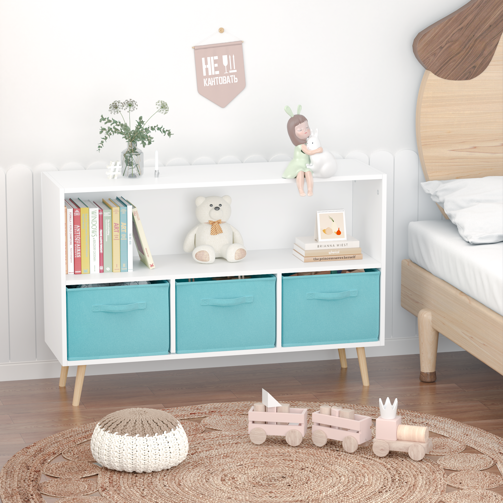 Kids bookcase with Collapsible Fabric Drawers, Children's Book Display, Toy Storage Cabinet Organizer, White/Blue - Grand Gol