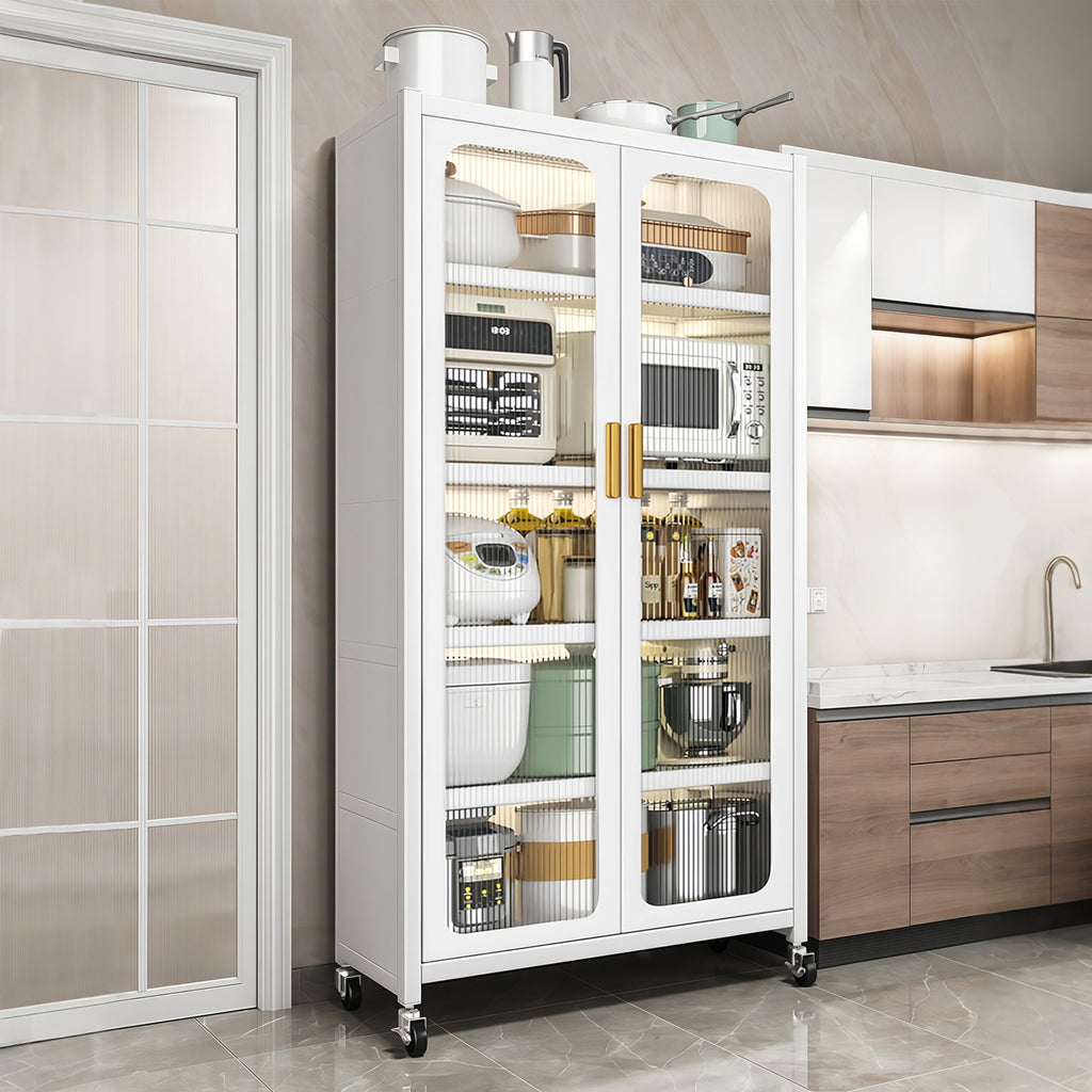 65'  Metal 6-Tier Storage Cabinet with Transparent Door, Adjustable Shelves & Wheels, for Kitchen Pantry Organization, White Metal - Grand Goldman Shop
