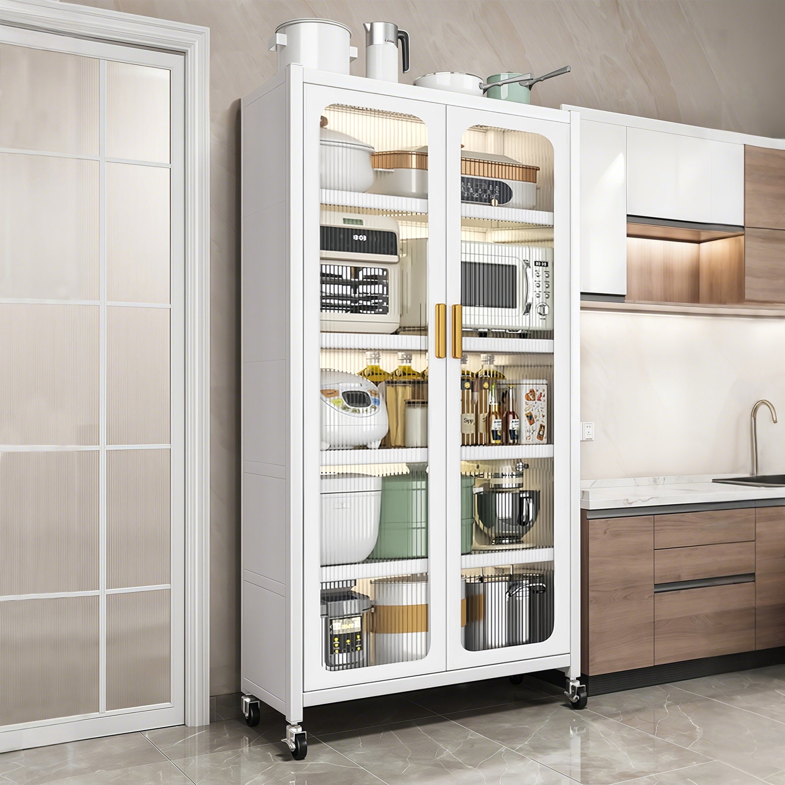 65'  Metal 6-Tier Storage Cabinet with Transparent Door, Adjustable Shelves & Wheels, for Kitchen Pantry Organization, White Metal - Grand Goldman Shop