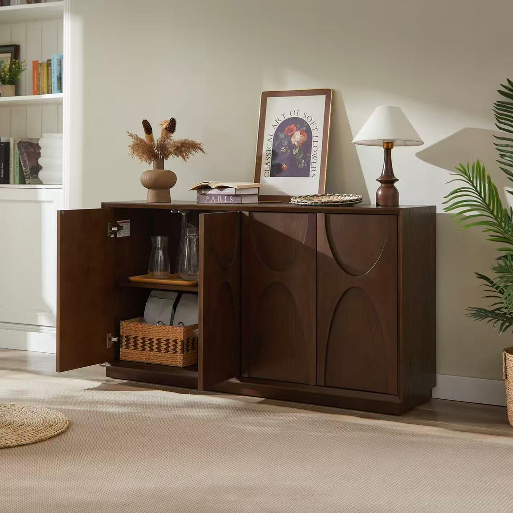 4 Door Accent Cabinet with Solid Wood Carved Doors, Adjustable Shelves, Push to Open Storage Cabinet with Cable Management, Ash Veneer Sideboard for Living Room, - Grand Goldman Shop