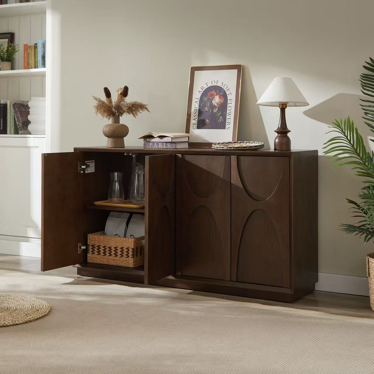 4 Door Accent Cabinet with Solid Wood Carved Doors, Adjustable Shelves, Push to Open Storage Cabinet with Cable Management, Ash Veneer Sideboard for Living Room, - Grand Goldman Shop