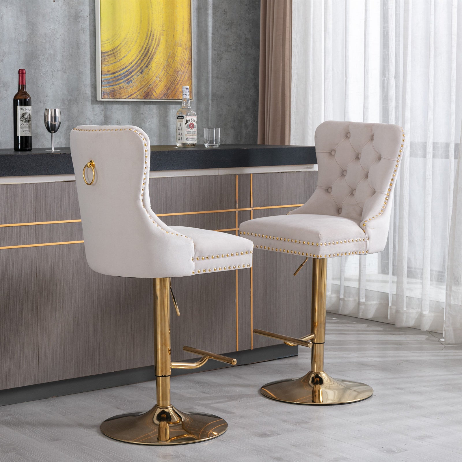 A&A Furniture,Thick Golden Swivel Velvet Barstools Adjusatble Seat Height from 27-35 Inch, Modern Upholstered Bar Stools with Backs Comfortable Tufted for Home Pub and Kitchen Island (Beige,Set of 2) - Grand Goldman Shop