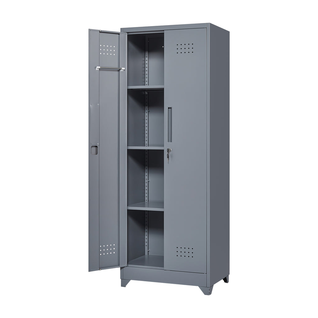 Grey Heavy Duty Metal Storage Cabinet with Locking Doors, Hanging Rod & Shelves, 65' H Broom Closet for Garage or Basement - 