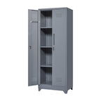 Grey Heavy Duty Metal Storage Cabinet with Locking Doors, Hanging Rod & Shelves, 65' H Broom Closet for Garage or Basement - 