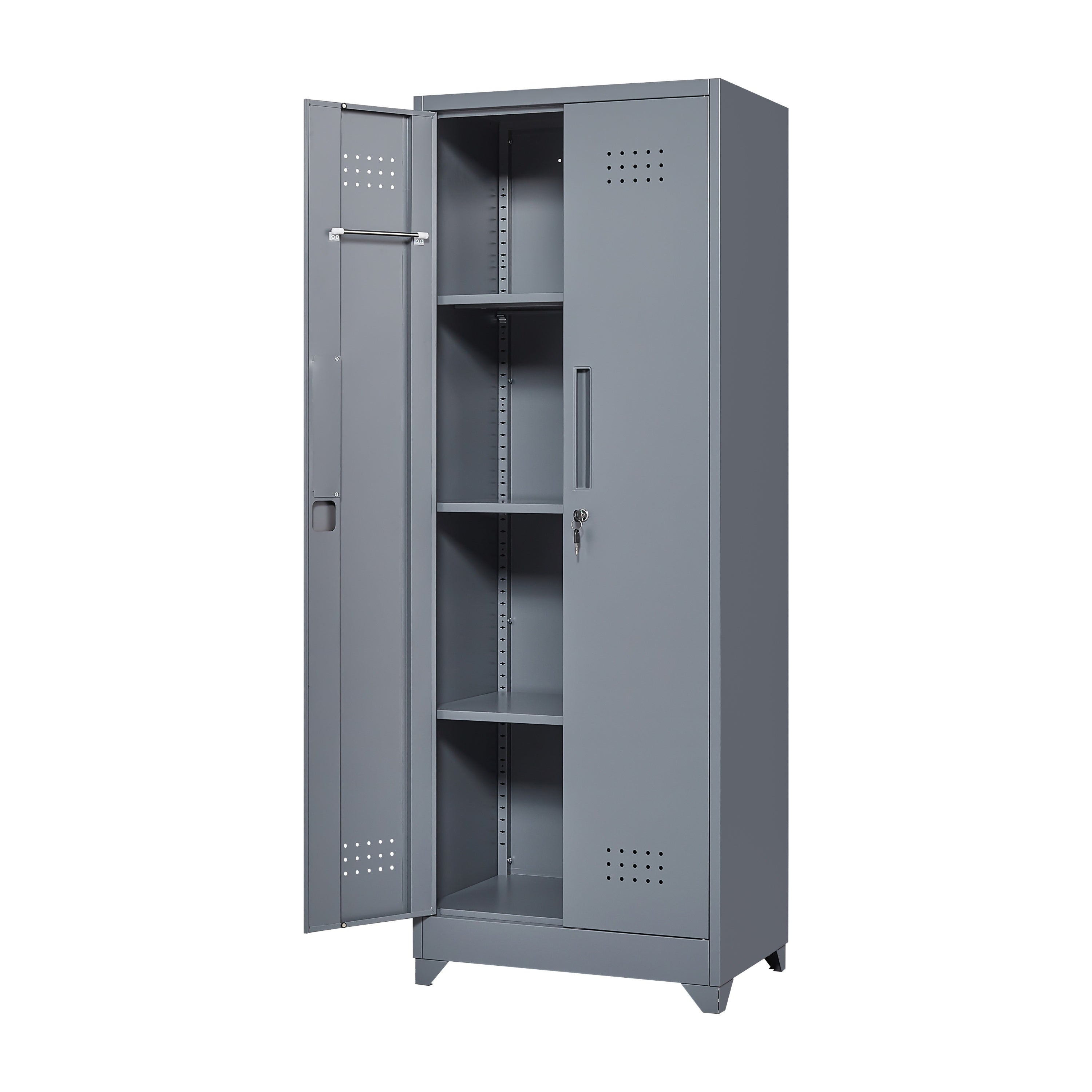Grey Heavy Duty Metal Storage Cabinet with Locking Doors, Hanging Rod & Shelves, 65' H Broom Closet for Garage or Basement - 