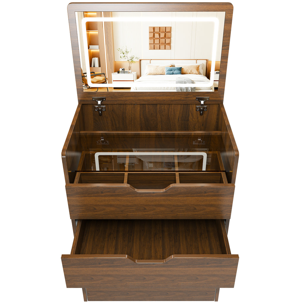 3-in-1 Vanity Desk with Lighted Mirror & Stool, Flip Top Makeup Dressing Table in Walnut Finish, Compact Storage for Bedroom, Bathroom, Dressing Room, 23.62'L - Grand Goldman Shop