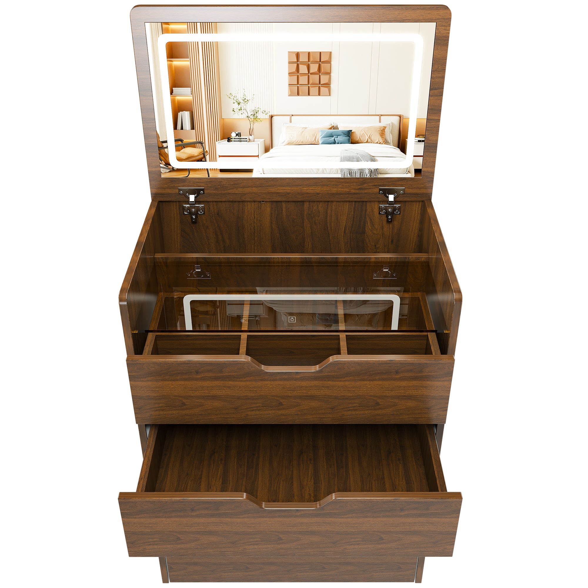 3-in-1 Vanity Desk with Lighted Mirror & Stool, Flip Top Makeup Dressing Table in Walnut Finish, Compact Storage for Bedroom, Bathroom, Dressing Room, 23.62'L - Grand Goldman Shop