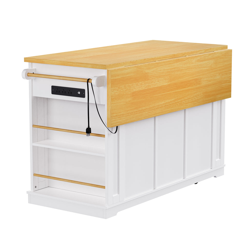 K&K 53inch Large Kitchen Island with Drop Leaf,Power Outlet,Door Internal Storage Rack,Rolling Kitchen Cart on 5 Wheels with 5 Open Side Racks for Kitchen,White (Two Packages)(Stools not included) - Grand Goldman Shop