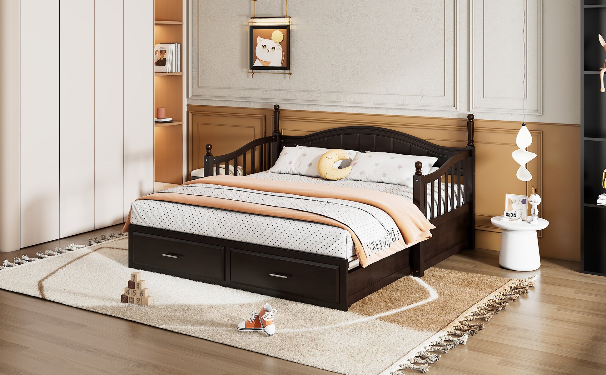 Wooden Twin Size Daybed with Twin Size Trundle, Extendable Daybed with Two Storage Drawers, Espresso(Expected Arrival Time:9.12) - Grand Goldman Shop