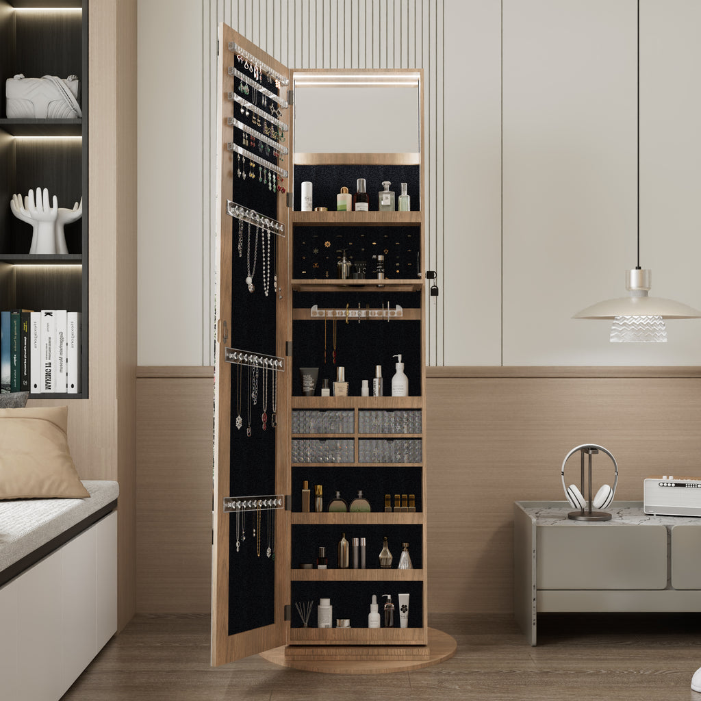 360°Swivel Jewelry Cabinet with Full Length Mirror, 360°Rotating Standing Jewelry Armoire Organizer , Lockable Storage Cabinet, Interior Lighted Mirror, Light Walnut - Grand Goldman Shop