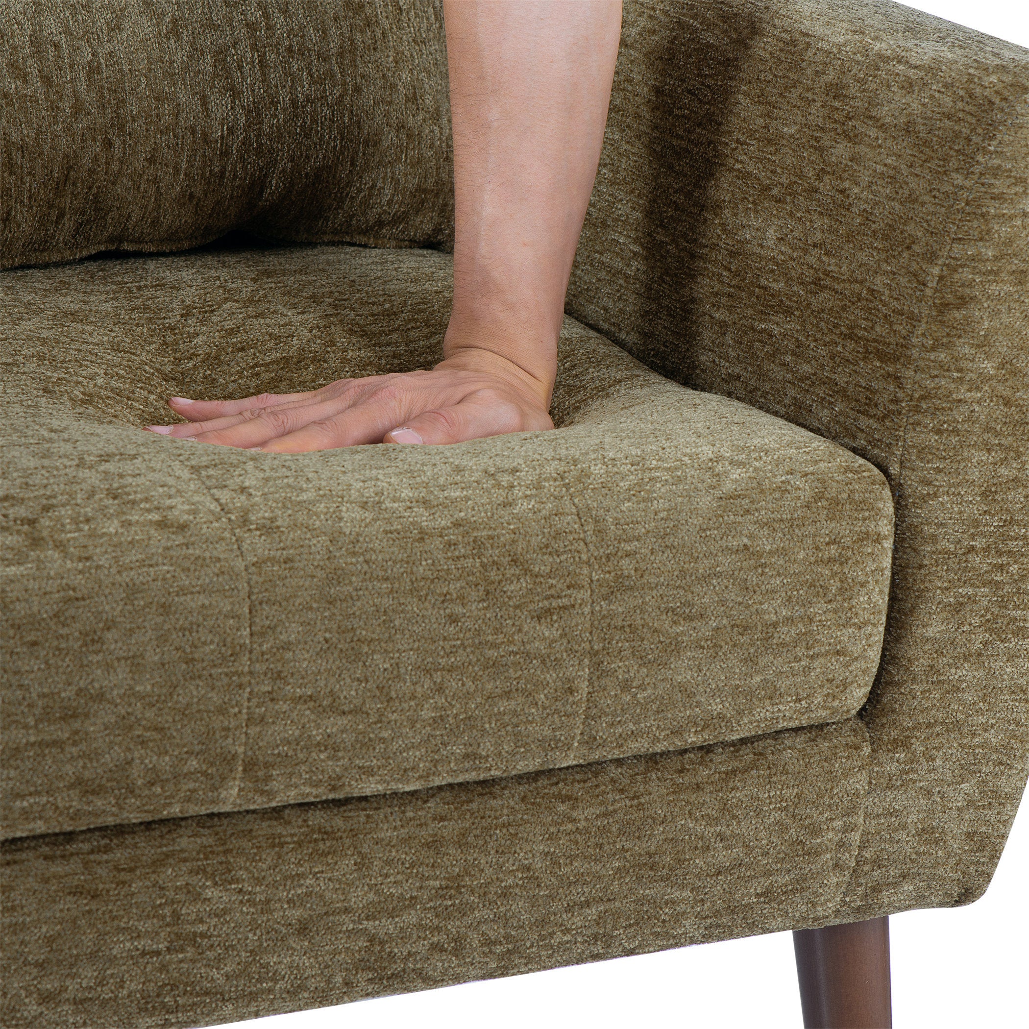 Modern Accent Chair, Chenille Arm Chairs for Living Room, Upholstered Modern Armchair, Comfy Soft Padded Lounge Chair in Small Space, Bedroom, w/Pillow, Solid Wood Leg, Olive Green - Grand Goldman Shop