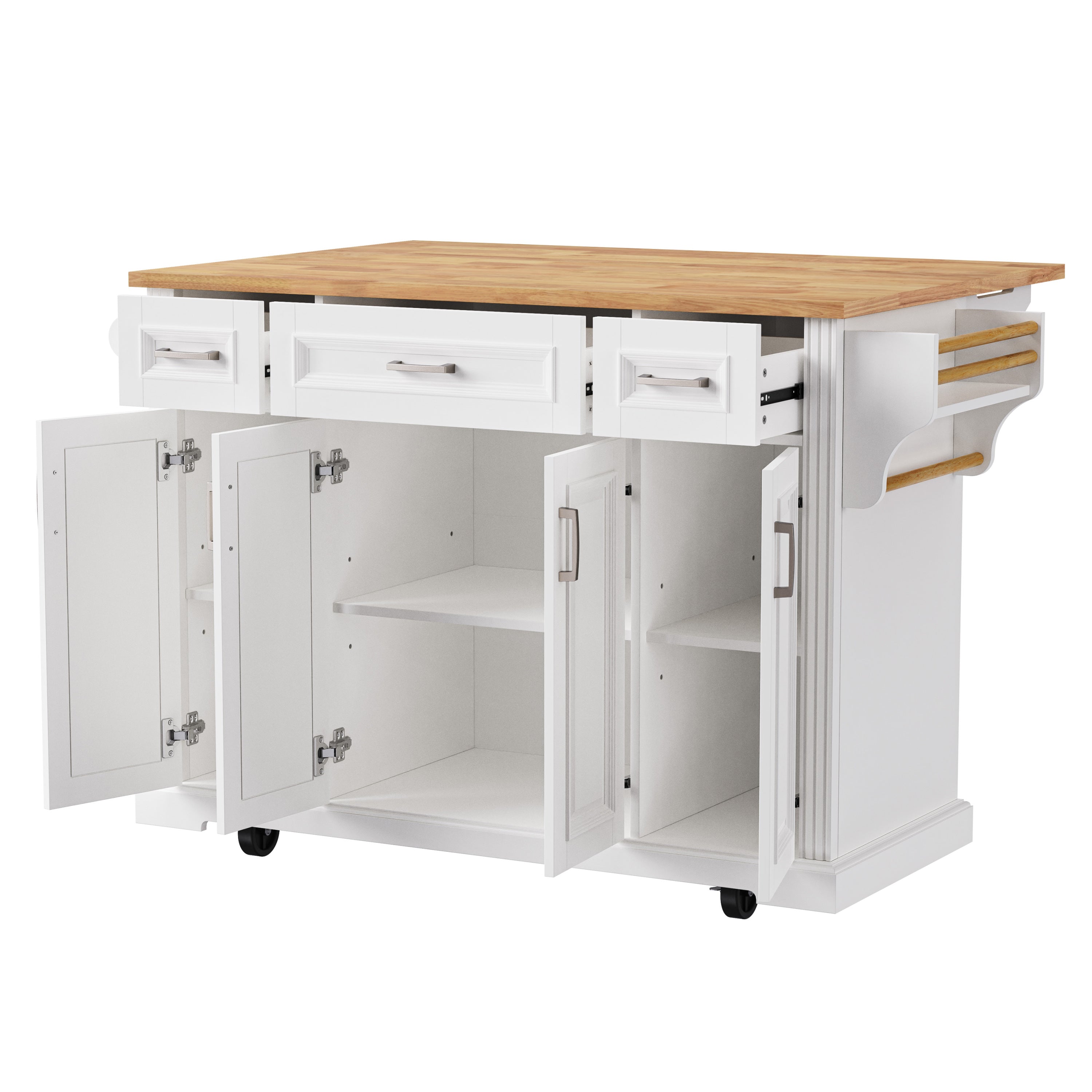 K&K 54inch Large Kitchen Island with Rubber Wood Drop Leaf, Embossed Texture Rolling Kitchen Cart on 4 Wheels with 4 Doors and 3 Drawers, Kitchen Island with Storage for Kitchen, Dining Room,White - Grand Goldman Shop
