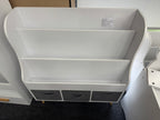 Kids Bookshelf with 3 Fabric Storage Bins, White Wooden Book Display Organizer for Toddlers and Children, Front-Facing Book R