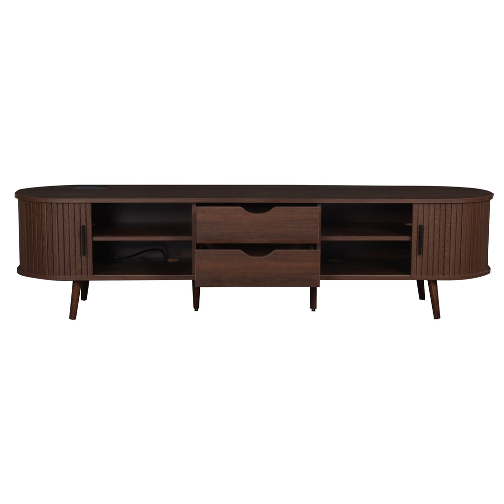 Mid Century Modern TV Stand for 70-Inch TV, Dark Brown MDF & Solid Wood Console with Tambour Doors, Drawers and Built-in Power Outlet - Grand Goldman Shop