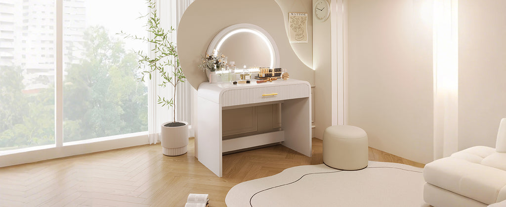 39' Makeup Vanity Table with Mirror Touch Screen Lighted Mirror, Dressing Table with Drawer for Bedroom, White - Grand Goldman Shop