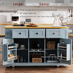 K&K 53inch Large Kitchen Island with 2 Bar Stools,Power Outlet,Door Internal Storage Rack,Kitchen Storage Cart on 5 Wheels with Drop Leaf,5 Open Side Racks,3 Drawers,Grey Blue (Three Packages) - Grand Goldman Shop