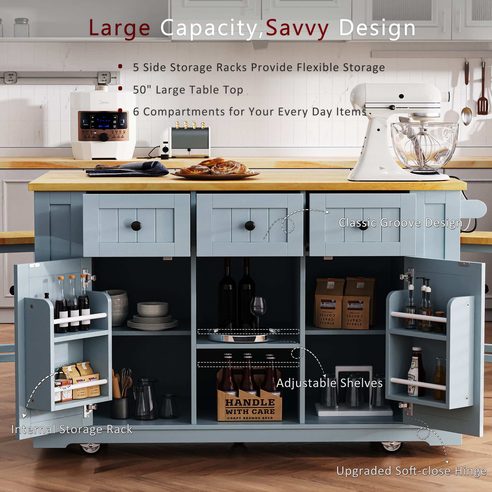 K&K 53inch Large Kitchen Island with 2 Bar Stools,Power Outlet,Door Internal Storage Rack,Kitchen Storage Cart on 5 Wheels with Drop Leaf,5 Open Side Racks,3 Drawers,Grey Blue (Three Packages) - Grand Goldman Shop