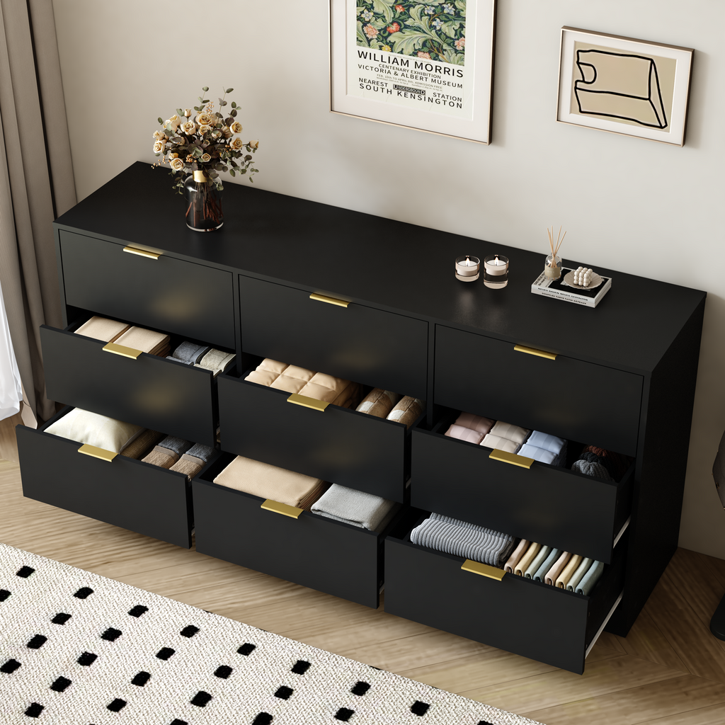 Black 9 Drawer Dresser, 63' Large Deep Chest of Drawers, Wooden Dresser Storage Cabinet with 9 Drawers for Bedroom, Long Dressers for Living Room, Hallway - Grand Goldman Shop