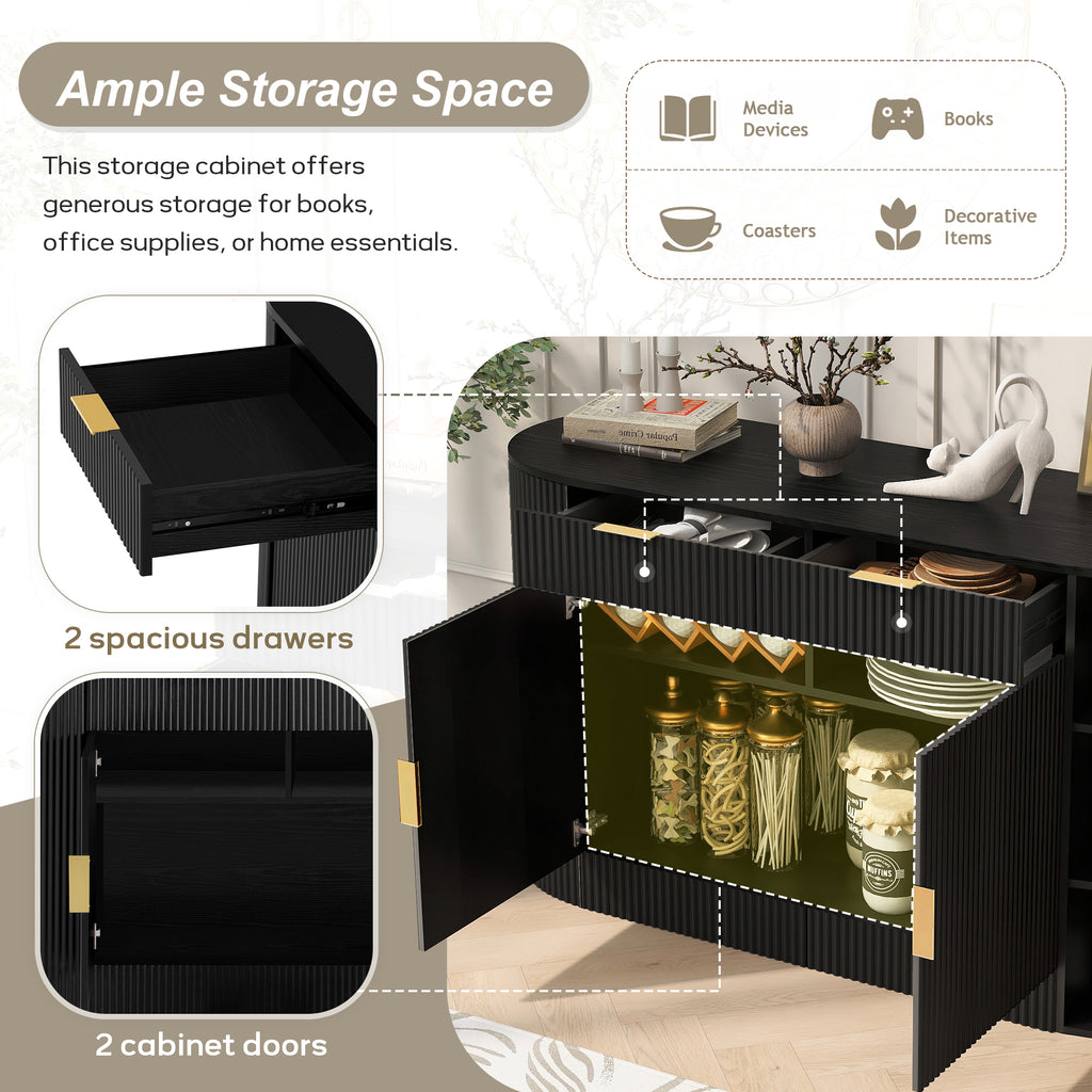 U_STYLE 55.1' Modern Storage Cabinet – 2 Doors & 2 Drawers, Stripe MDF Sideboard with Aluminum Handles, Curved Side Door & 3-Tier Shelves, Buffet Cabinet for Living Room, Bedroom, Dining Room - Grand Goldman Shop