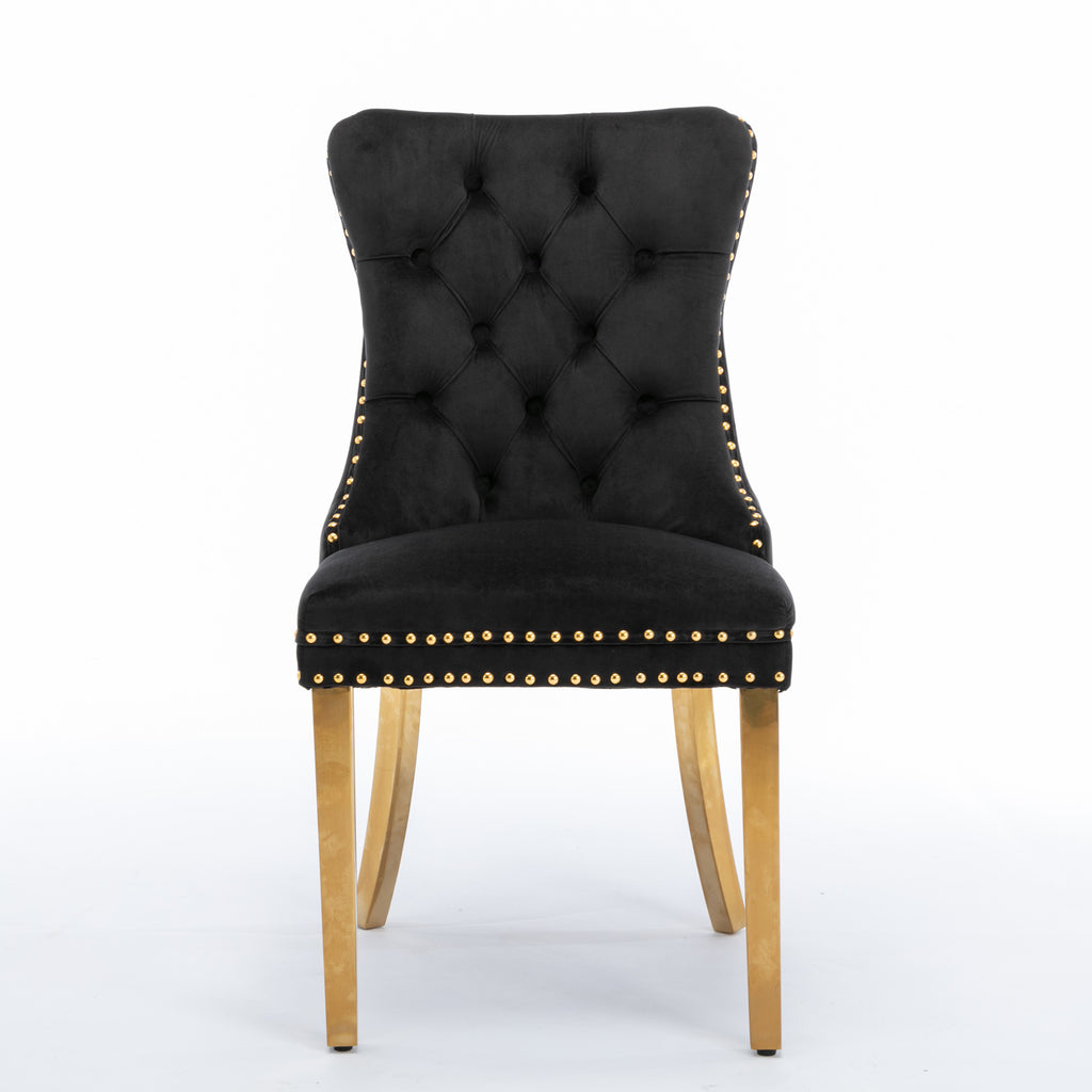 A&A Furniture,Nikki Collection Modern, High-end Tufted Solid Wood Contemporary Velvet Upholstered Dining Chair with Golden Stainless Steel Plating Legs,Nailhead Trim,Set of 2，Black and Gold, SW1601BK - Grand Goldman Shop