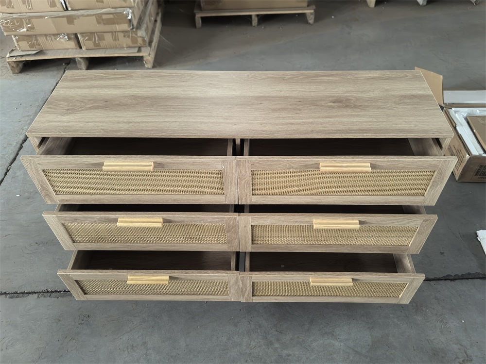 Rattan 6 Drawers Chest Of Dressers For Bedroom,  Modern 6 Drawer Dresser,  Wide Chest Of Drawers With Wood Handles,  Rattan Dresser Storage Cabinet For Living Room,  Bedroom,  Hallway - Grand Goldman Shop