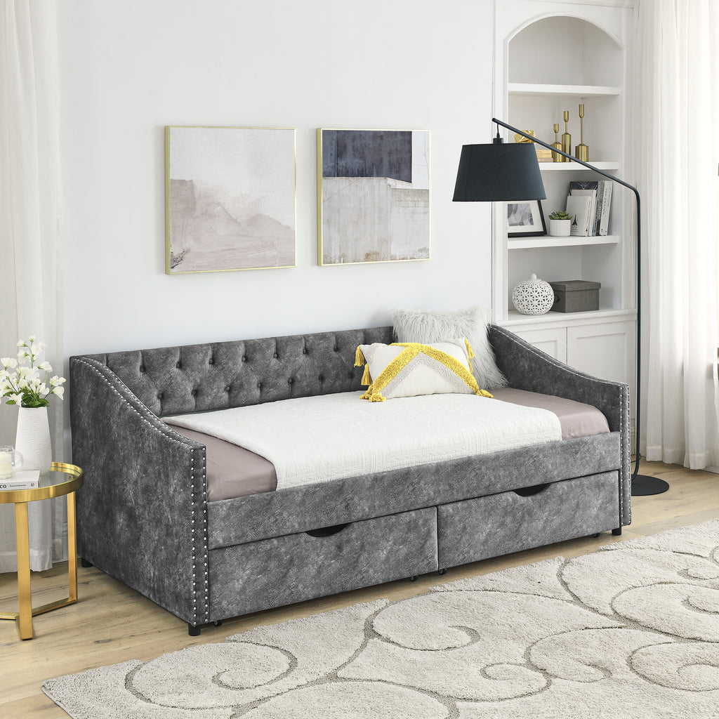 Grey Upholstered Tufted Twin Size Daybed with Drawers and Copper Nailhead Trim, Eucalyptus Wood Frame, 81.5''x4''x30.5'' - Grand Goldman Shop