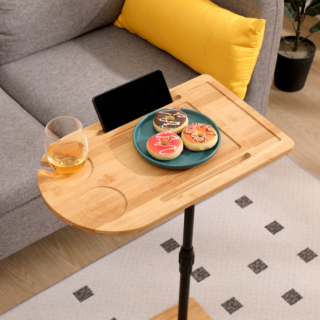 Couch Tray Table Bamboo Height Adjustable Side Table for Sofa C-shaped Oval End Tables with Slots for Bed & Chairs in Living Room & Bedroom (Oval + Rectangle) - Grand Goldman Shop