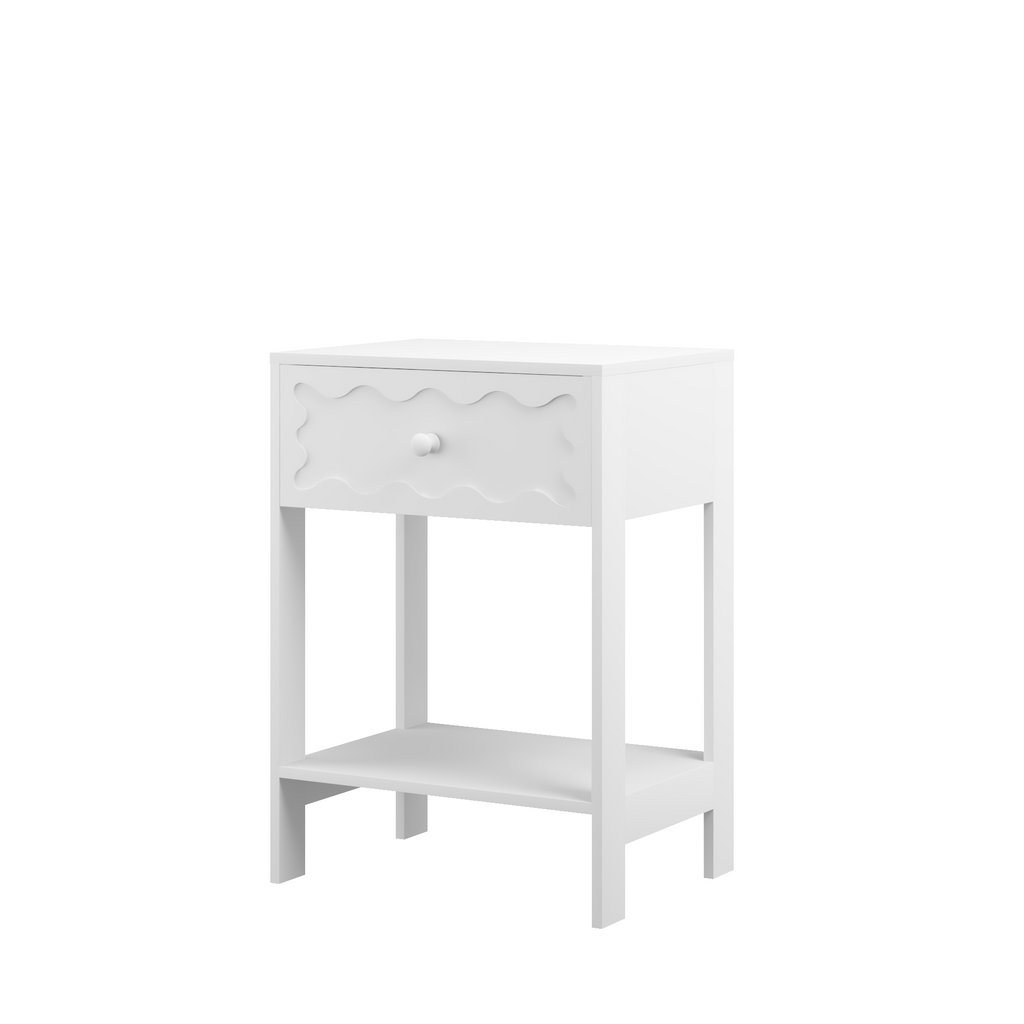 White Nightstand with Drawer and Open Shelf, Modern Wave Pattern Bedside Table, Solid Wood Frame End Table for Bedroom, Living Room, Small Spaces - Grand Goldman Shop