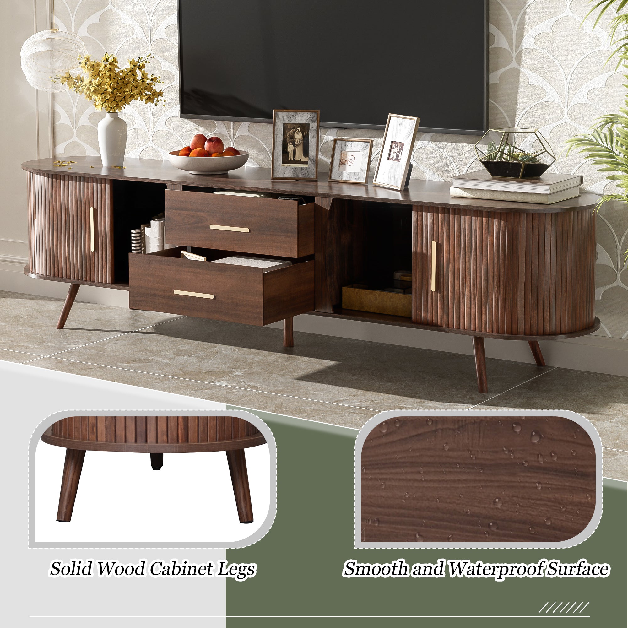 Mid-Century Modern TV Stand for 80' TV, Entertainment Center with Storage in Dark Brown, Solid Wood and MDF Construction, 70.8' L x 15.5' W x 18.1' H - Grand Goldman Shop