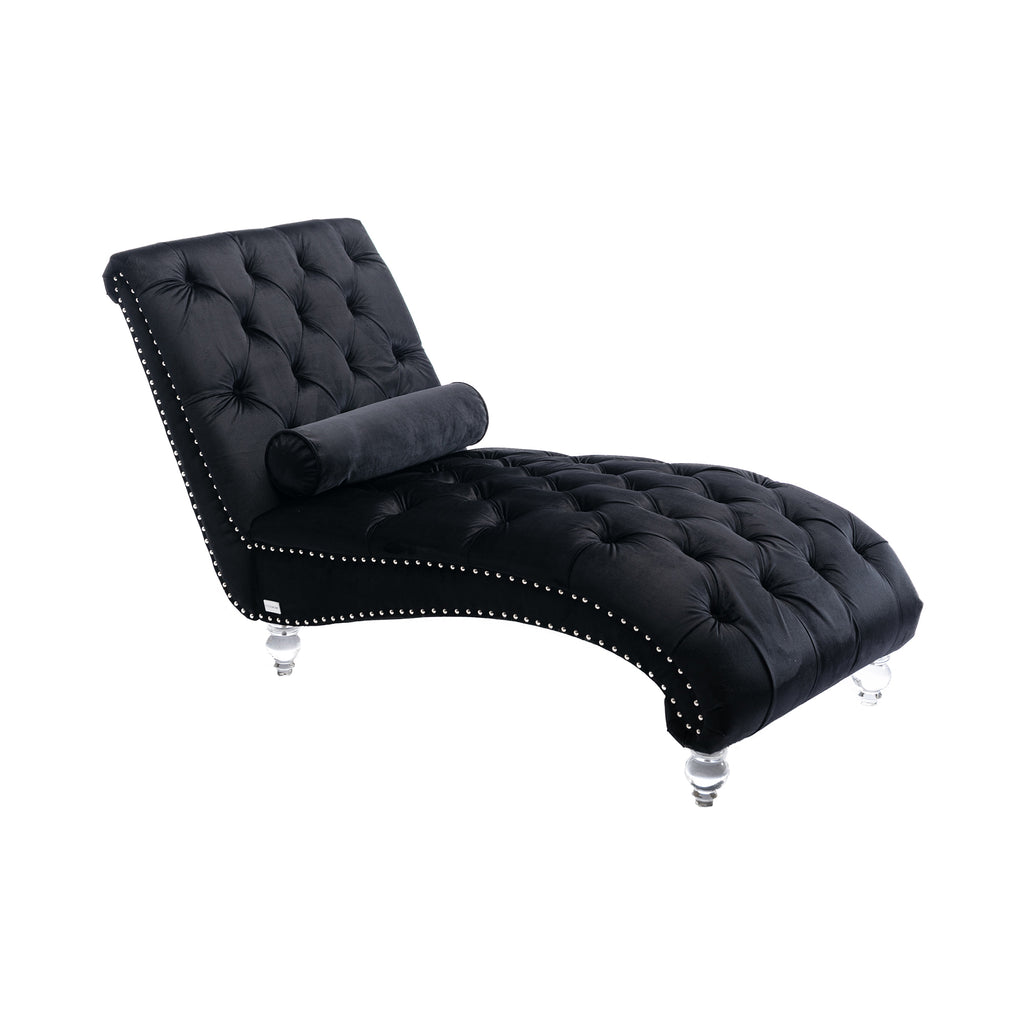 Velvet Chaise Lounge Indoor, Button-Tufted Upholstered Chair with Pillow, Black Velvet, 63.38x28.94x34.05 inches - Grand Goldman Shop