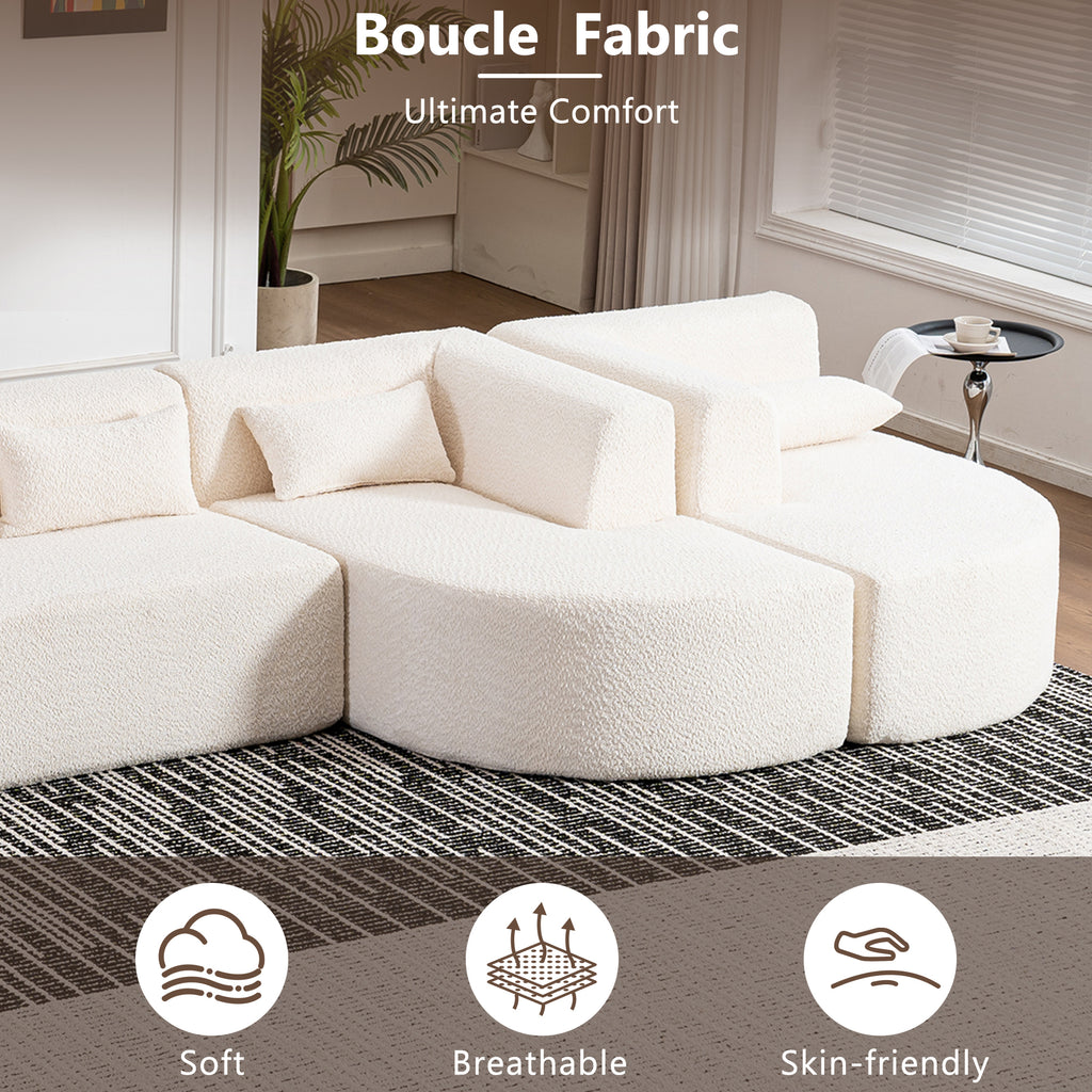 Modern Upholstered L-Shape Sofa with Chaise Lounge and Back Pillows, Beige Boucle Fabric, 144 inches - Grand Goldman Shop