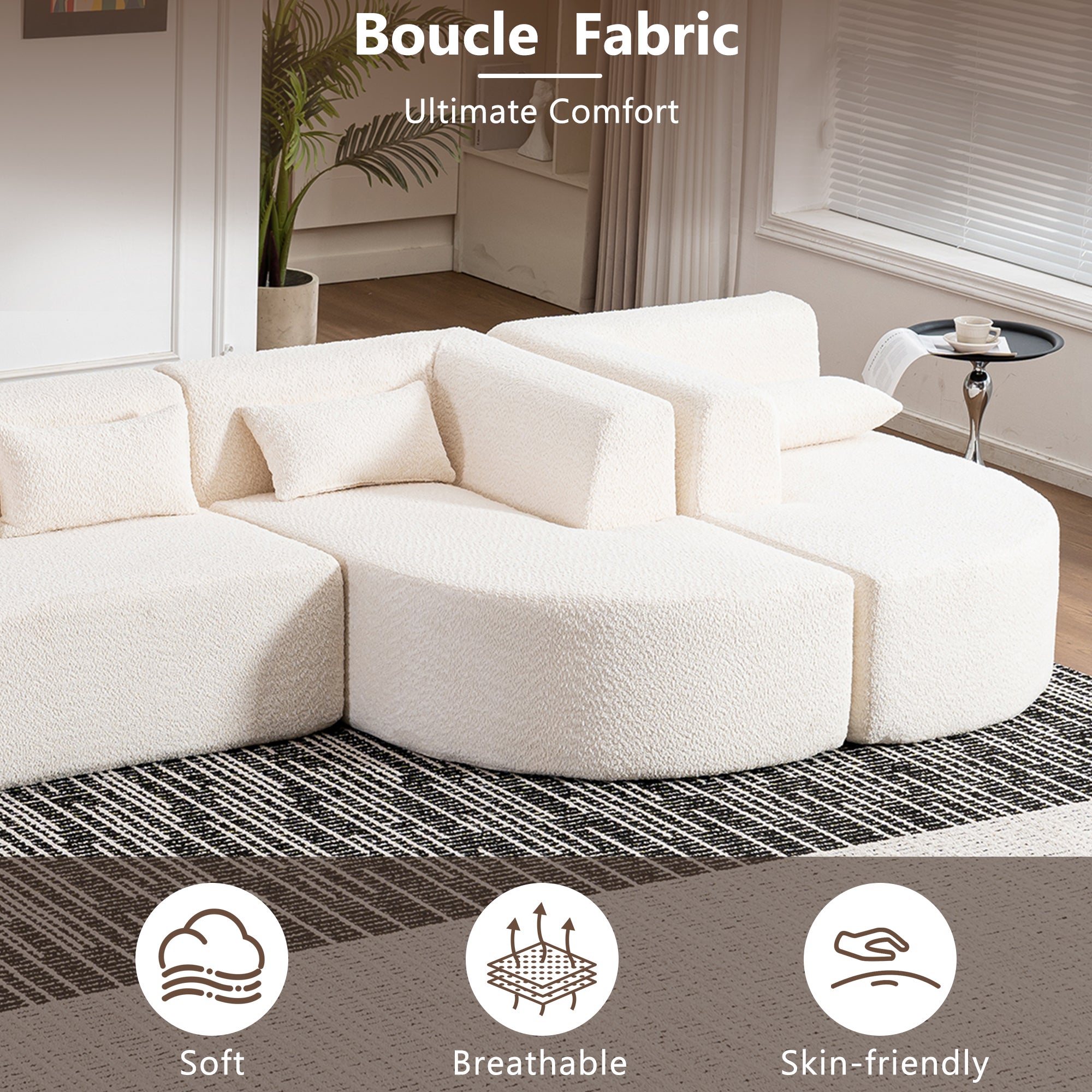 Modern Upholstered L-Shape Sofa with Chaise Lounge and Back Pillows, Beige Boucle Fabric, 144 inches - Grand Goldman Shop