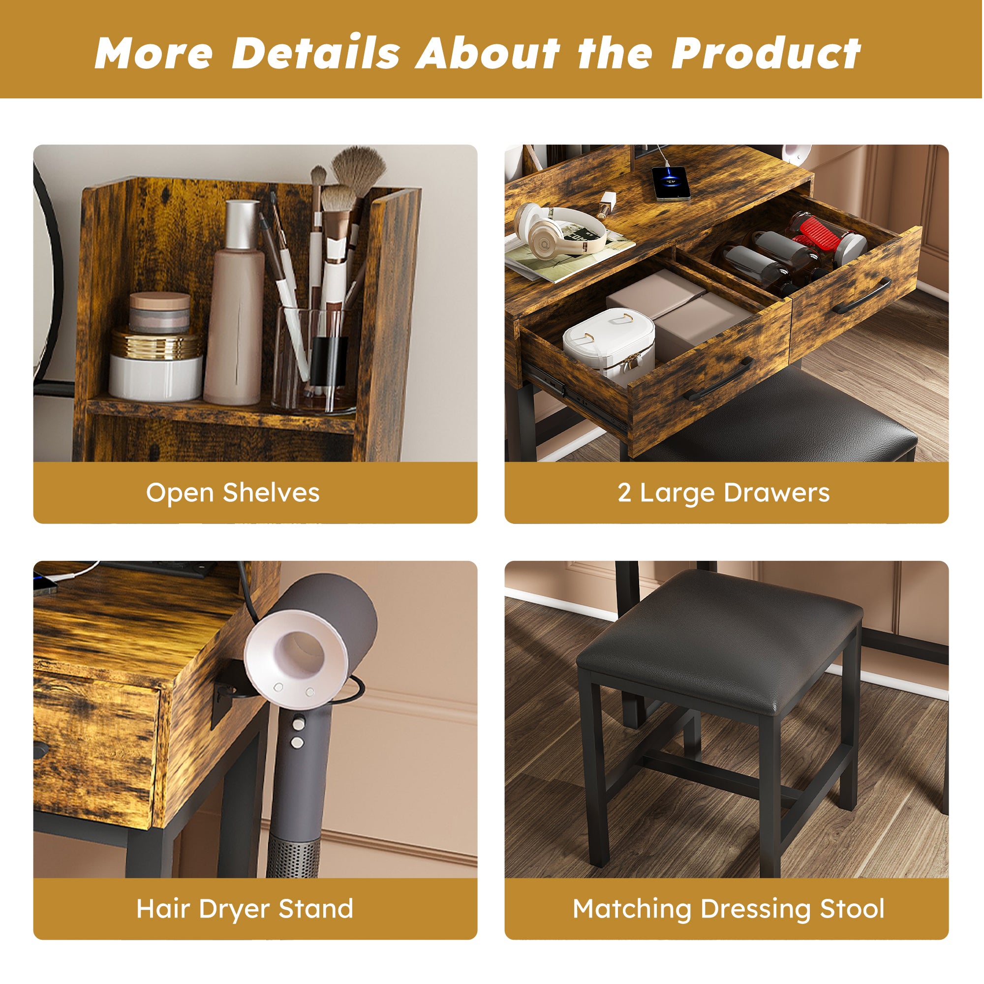 Makeup Vanity Table with LED Lights, 3 Color Options, Power Outlet, Brown MDF, 31.5 x 15.75 x 52.36 inches - Grand Goldman Shop
