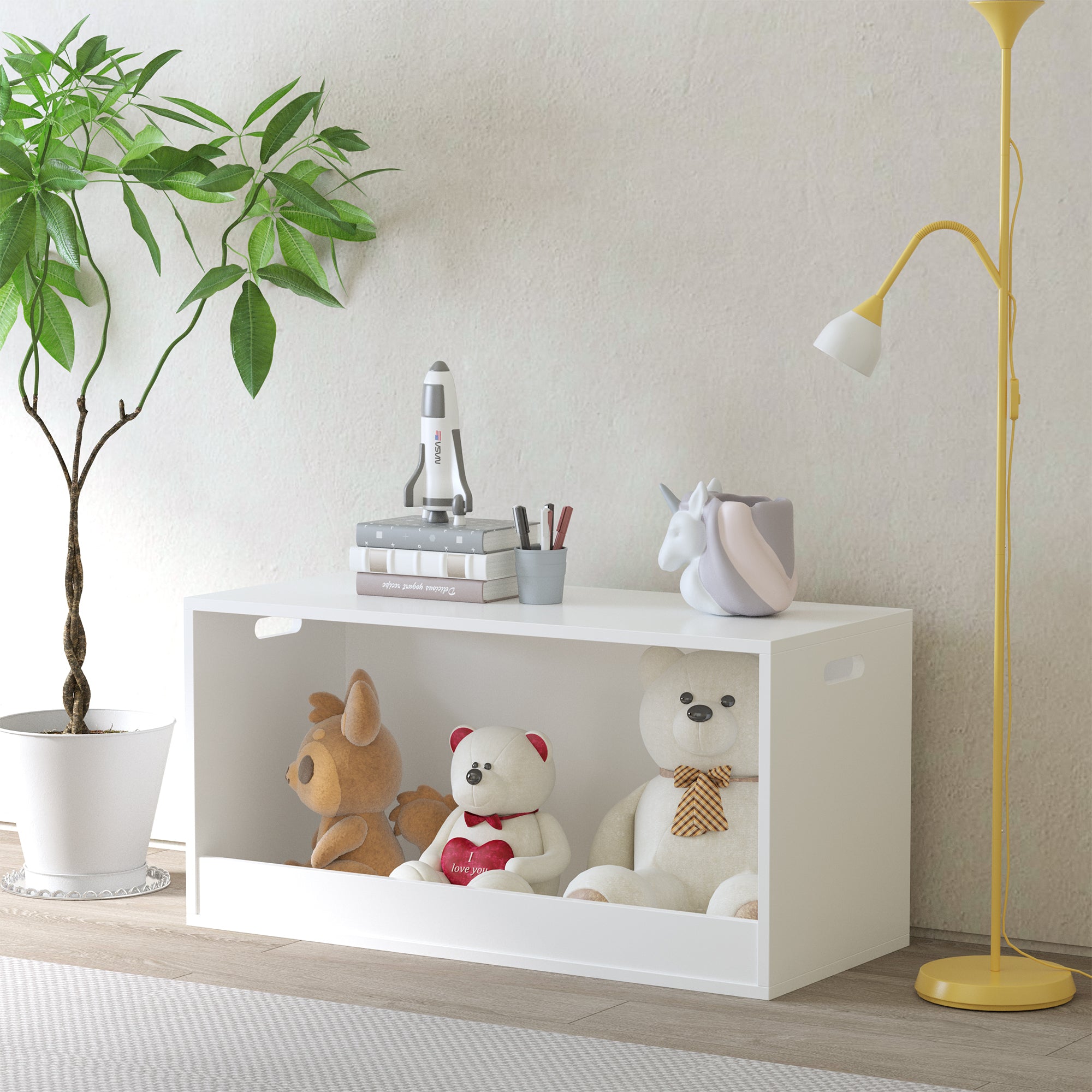 Open Toy Storage Box for Kids, White Wooden Organizer Bin for Plush Toys, Books, Nursery or Playroom Use - Grand Goldman
